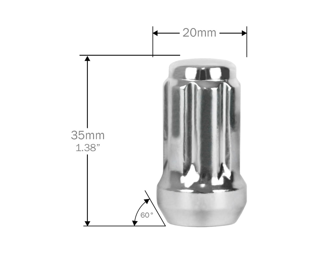 Perfectly Tight 7 Spline Lug Nut Bulged Tapered Seat 14x1.5 x 35mm - Chrome Steel - Set of 20 w/ Key (Spinout)