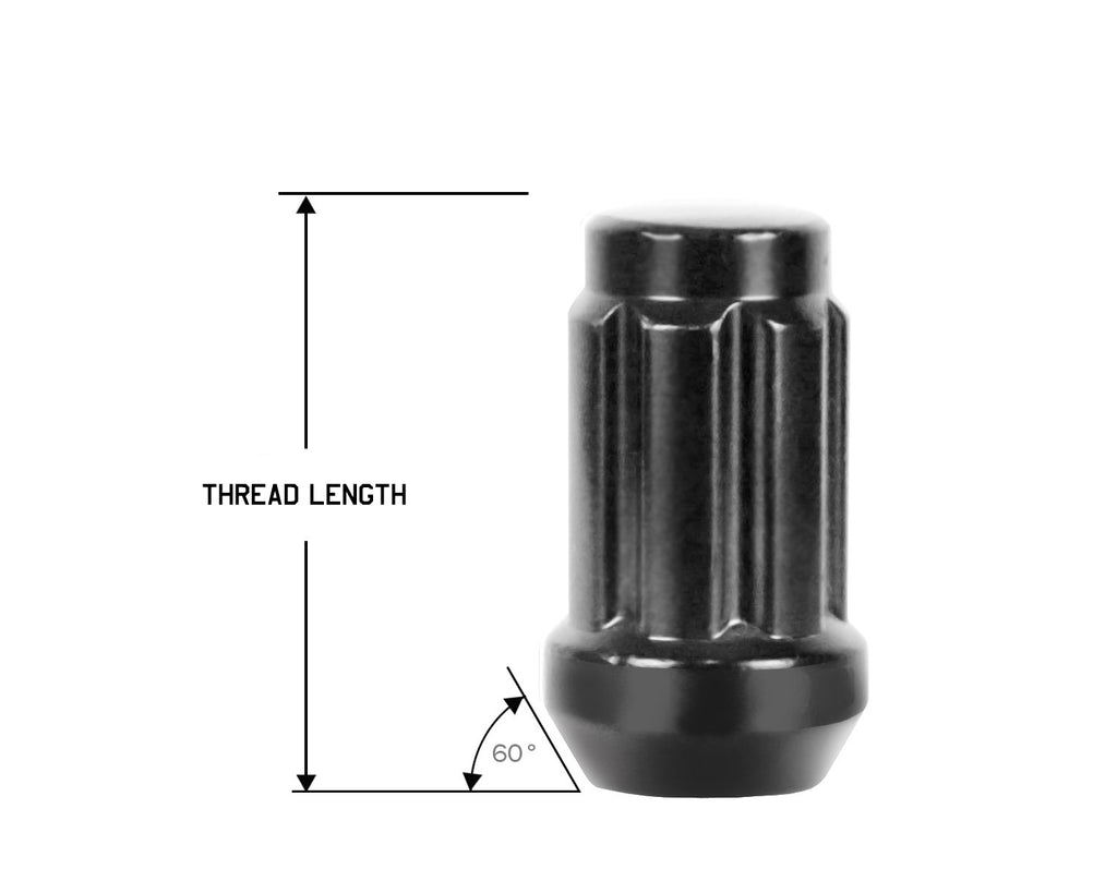 Perfectly Tight 7 Spline Lug Nut Tapered Seat 12x1.5 x 32mm - Black Steel - Set of 20 w/ Key