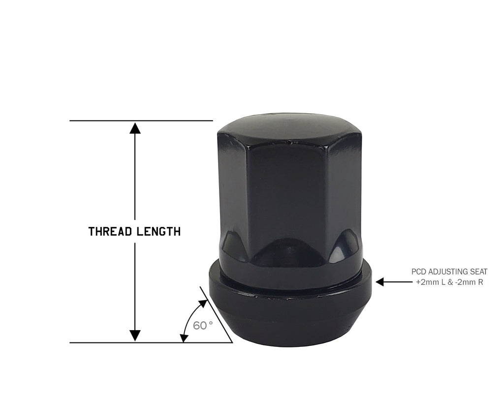 Perfectly Tight Adjustable 19mm Hex Lug Nut Tapered Seat 12x1.5 x 32mm - Black Steel - Set of 20