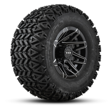 Load image into Gallery viewer, Shop the HD Golf Wheels CANYON Gloss Black Milled Edges with A/T Off-Road Tires online today for your Club Car, Cushman, EZGO, ICON EV, Garia, Massimo, Polaris, or Yamaha Golf Cart.