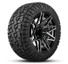 Load image into Gallery viewer, Shop the HD Golf Wheels CANYON Gloss Black Milled Edges with A/T Off-Road Tires online today for your Club Car, Cushman, EZGO, ICON EV, Garia, Massimo, Polaris, or Yamaha Golf Cart.