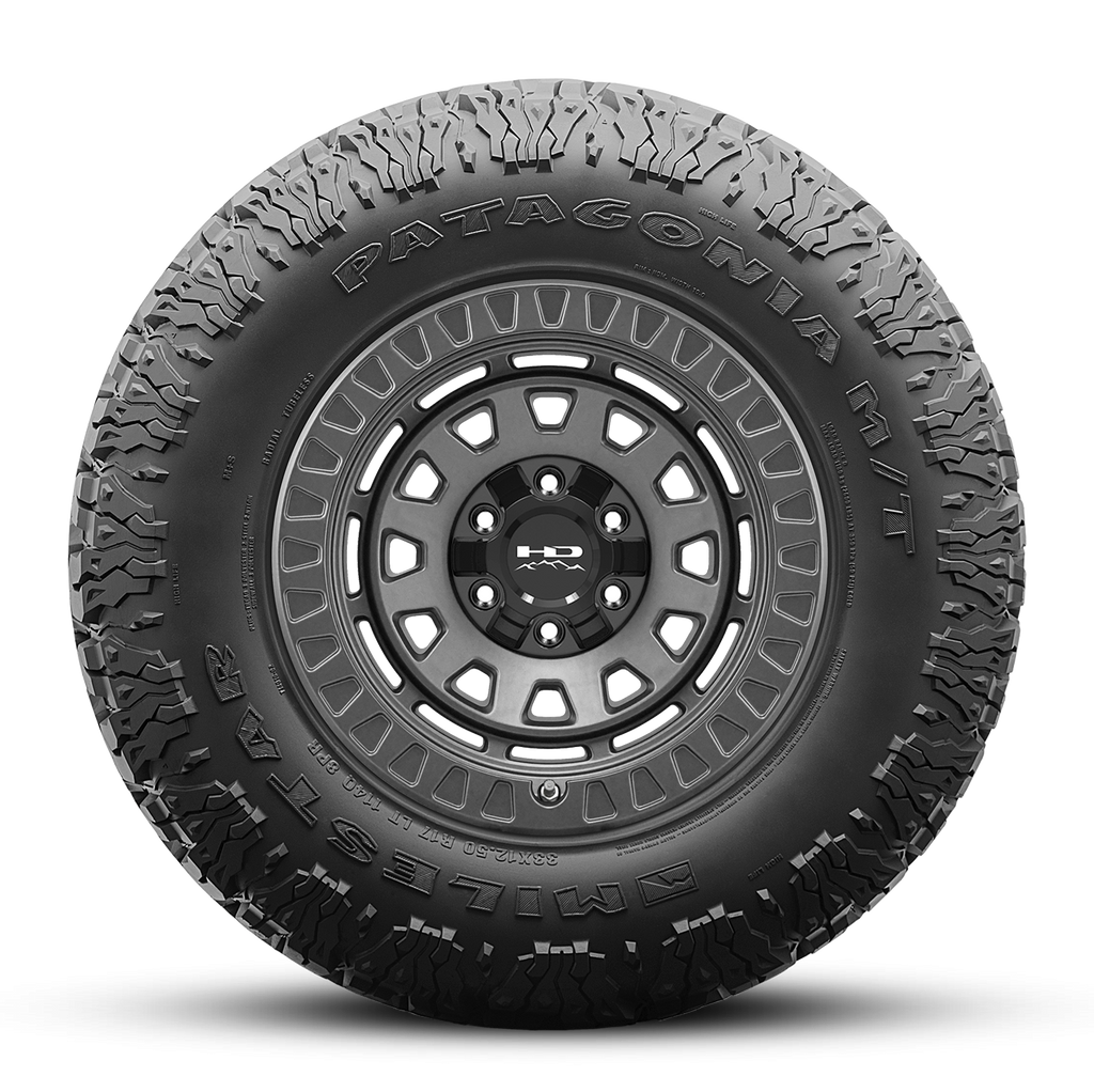 MILESTAR Patagonia M/T-02 Mud Terrain Tire with the HD Off-Road Overland Sector Venture in 17x9.0 All Satin Grey Flat Shot Mounted & Balanced Wheel & Tire Package