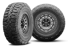 Load image into Gallery viewer, MILESTAR Patagonia M/T-02 Mud Terrain Tire with the HD Off-Road Overland Sector Venture in 17x9.0 All Satin Grey Angled &amp; Flat Shot Mounted &amp; Balanced Package