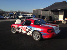 Load image into Gallery viewer, Jongbloed Racing Wheels Spec Miata Wheels in 15x7.0 4x100 25mm Offset in Silver on Red Track Racecar NASA SCCA